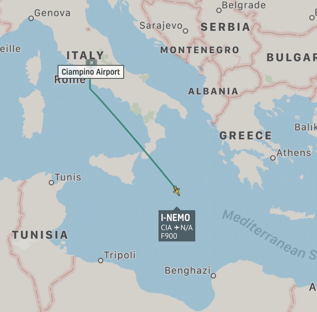 Italian Intelligence Dassault Falcon-900LX is from Rome Ciampino to Benghazi Benina Libya. Landing now