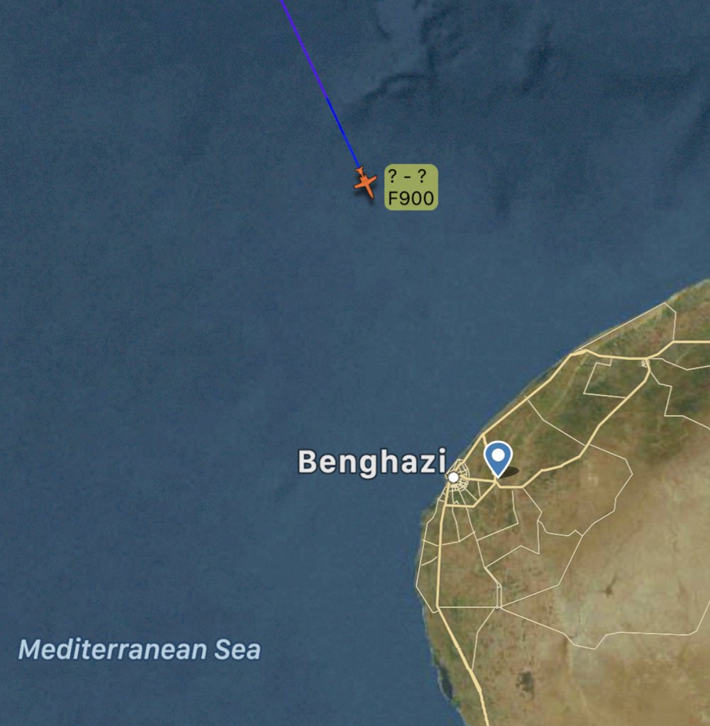 Italian Intelligence Dassault Falcon-900LX is from Rome Ciampino to Benghazi Benina Libya. Landing now