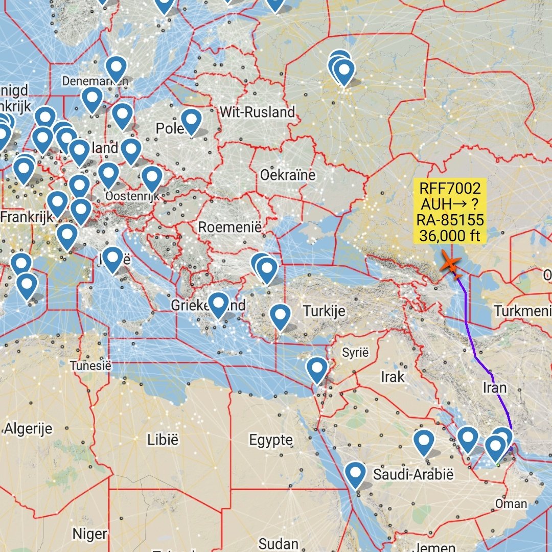 After awaiting clearance to enter Iran (and doing a full 360°) Russian Air Force RA-85155 RFF7002 from Abu Dhabi returned north over Iran, presumably back to Russia Moscow