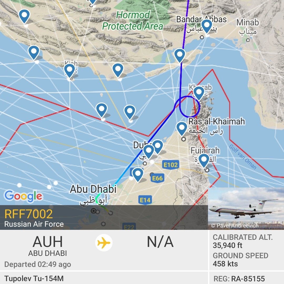 After awaiting clearance to enter Iran (and doing a full 360°) Russian Air Force RA-85155 RFF7002 from Abu Dhabi returned north over Iran, presumably back to Russia Moscow