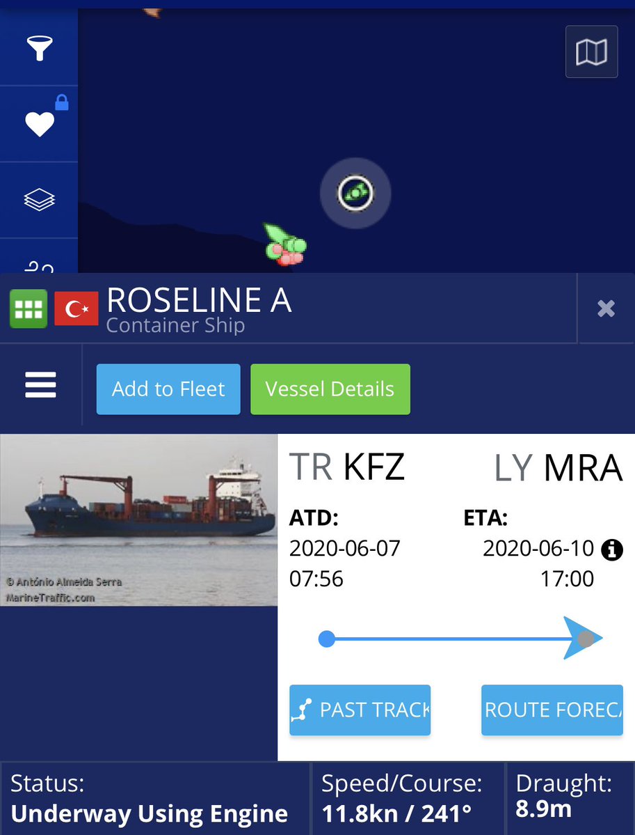 Turkish cargo ship ROSELINE with armored vehicles, air defence systems and tanks is arriving to Misrata port from Korfez, Turkey 