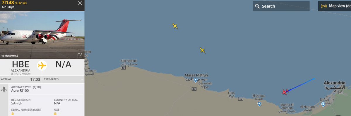 Air Libya plane (AVRO RJ 100) has just taken off from Alexandria airport (Egypt) for an unknown destination in Libya (presumably for Benghazi)