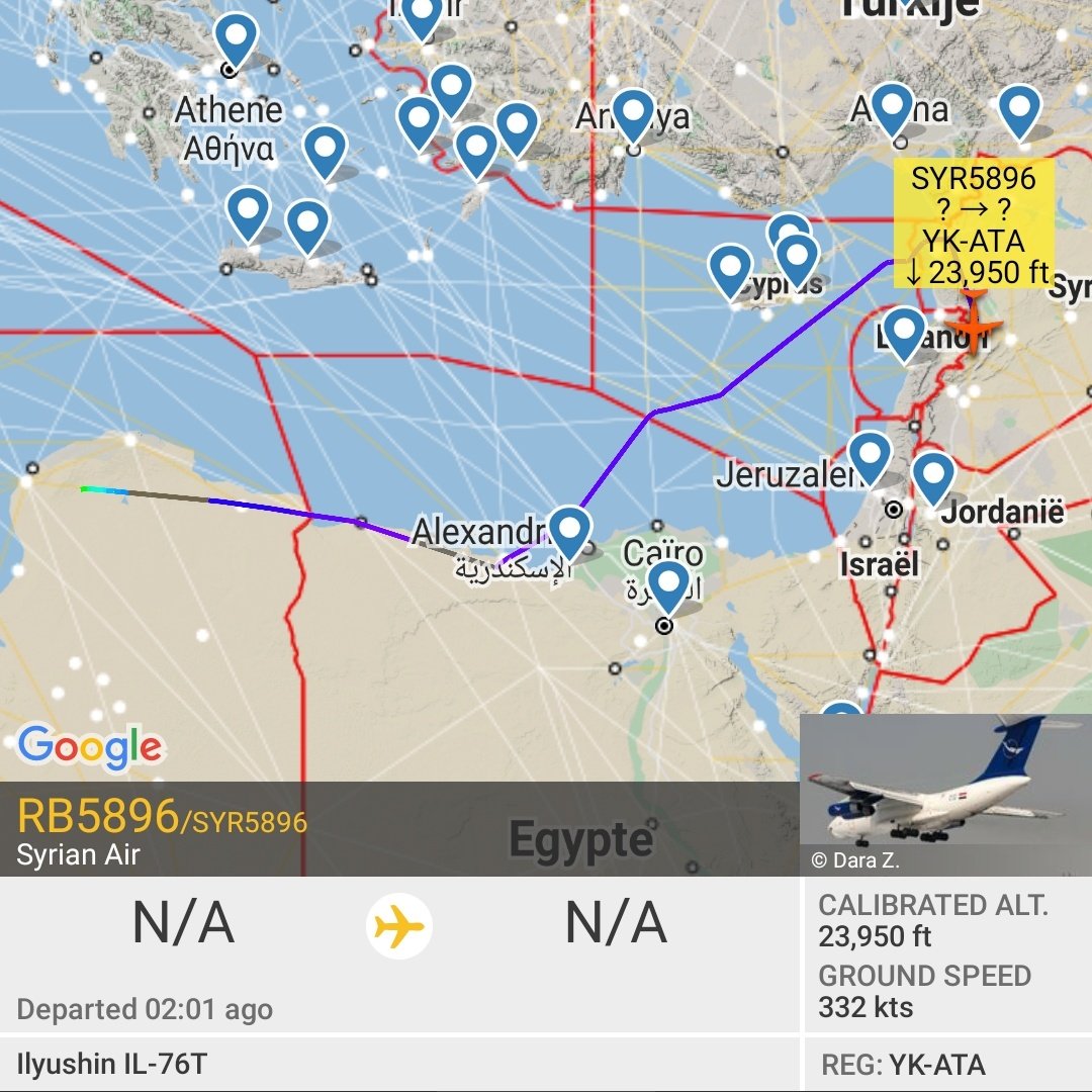 Syrian Air/Gov/Mil YK-ATA SYR5896 from Al Khadim Air Base, Libya, is nearly back home (Damascus, Syria)