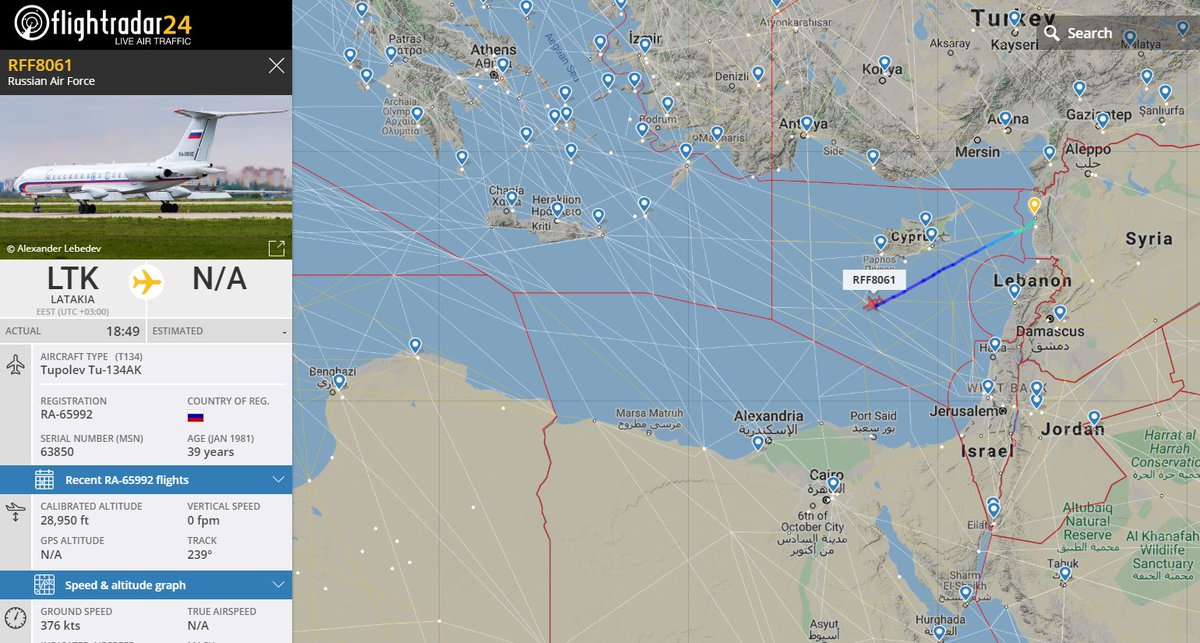 After a Syrian Military Il-76 (YK-ATA/SYR5897), Russian Air Force Tupolev Tu-134AK reg. RA-65992/RFF8061 also seems to be heading towards Libya.  Final destination of YK-ATA is not (yet) known