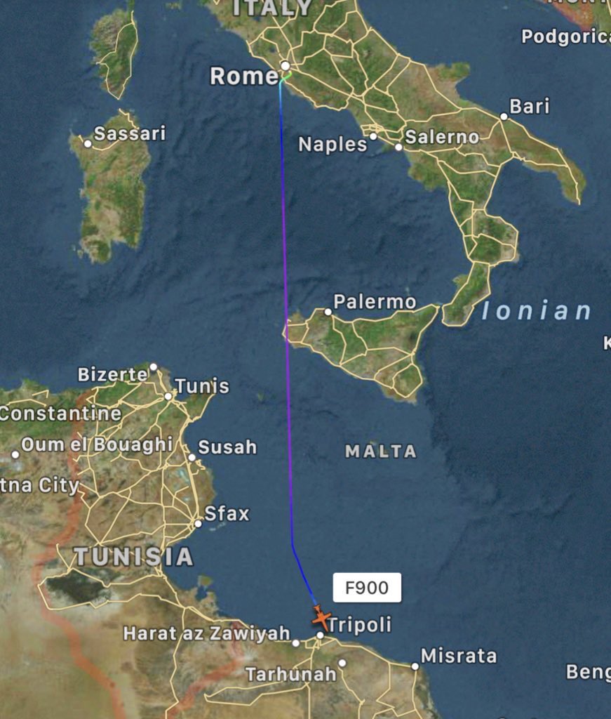 Italian Intelligence Dassault Falcon-900EX IOUNI is flying from Rome Ciampino to Tripoli Mitiga Libya. Landing now