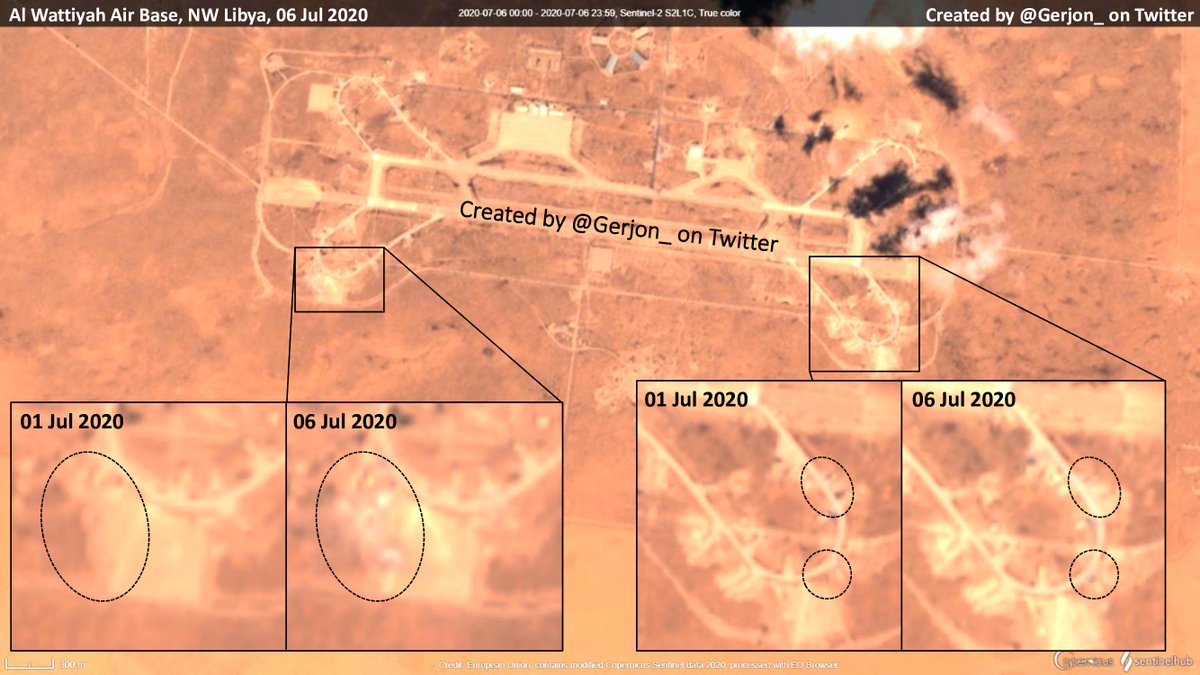 Sentinel-2 imagery of Al Wattiyah Air Base, Libya after the Sunday night 'air strike'.   Area SW, close to where Turkish air defenses were allegedly recently added, show clear changes (likely damage). Smaller areas in the SE also show changes