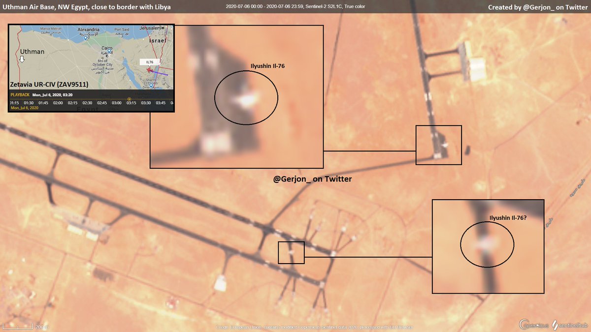 A large cargo aircraft on ground at Uthman Air Base, 65 km from Libya, in NW Egypt.  There could be 2 Ilyushin Il-76s in this picture. This may be Zetavia UR-CIV, which flew over from the UAE as ZAV9511