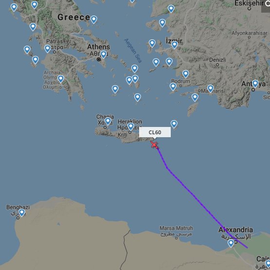 A greek jet (CL 60) with NO REGISTRATION most likely carrying Greek military officials, turning back to home (Athens) from Alexandria, Egypt