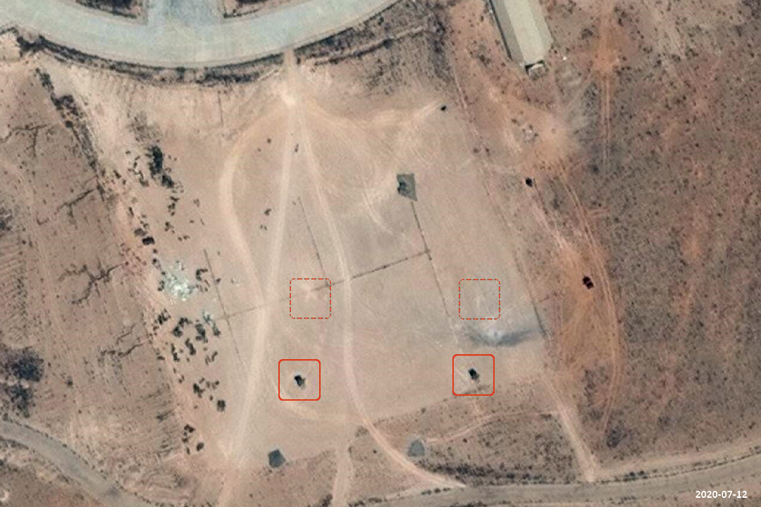 Aftermath of an LNA airstrike on Turkish MIM-23 Hawk air defense batteries at al-Watiyah Air Base, satellite image captured on 6 Jul 2020  at least 5 impacts are visible. Hawk set up was restored in a slightly different position than before on 12 Jul 2020