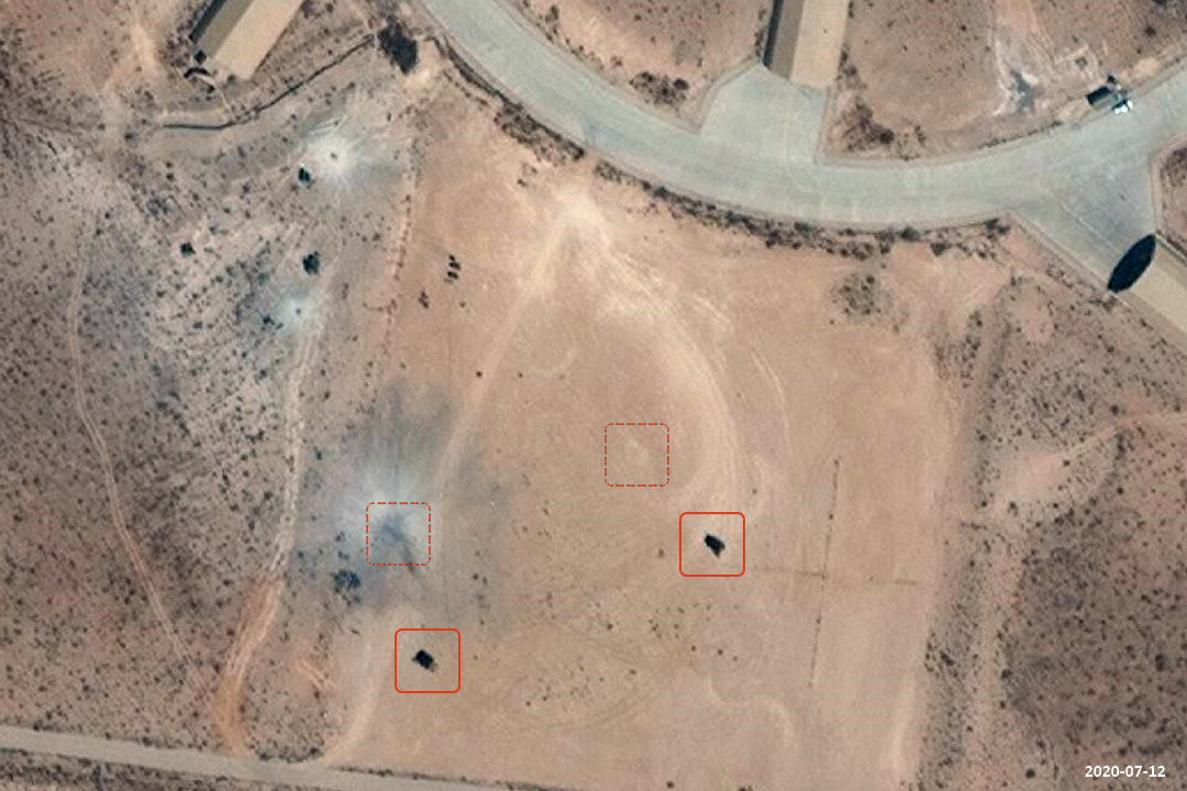 Aftermath of an LNA airstrike on Turkish MIM-23 Hawk air defense batteries at al-Watiyah Air Base, satellite image captured on 6 Jul 2020  at least 5 impacts are visible. Hawk set up was restored in a slightly different position than before on 12 Jul 2020