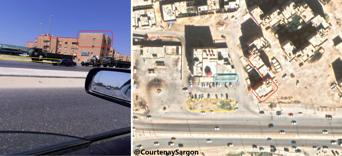 Geolocation of the photo posted by the Volcano of Rage Operation Room Media, allegedly showing military supplies from Egypt in Tobruk, is indeed in Tobruk, on the Tobruk City Road. Vehicles were lined westwards in front of a petrol station.  32°04'34.0N 23°55'50.6E