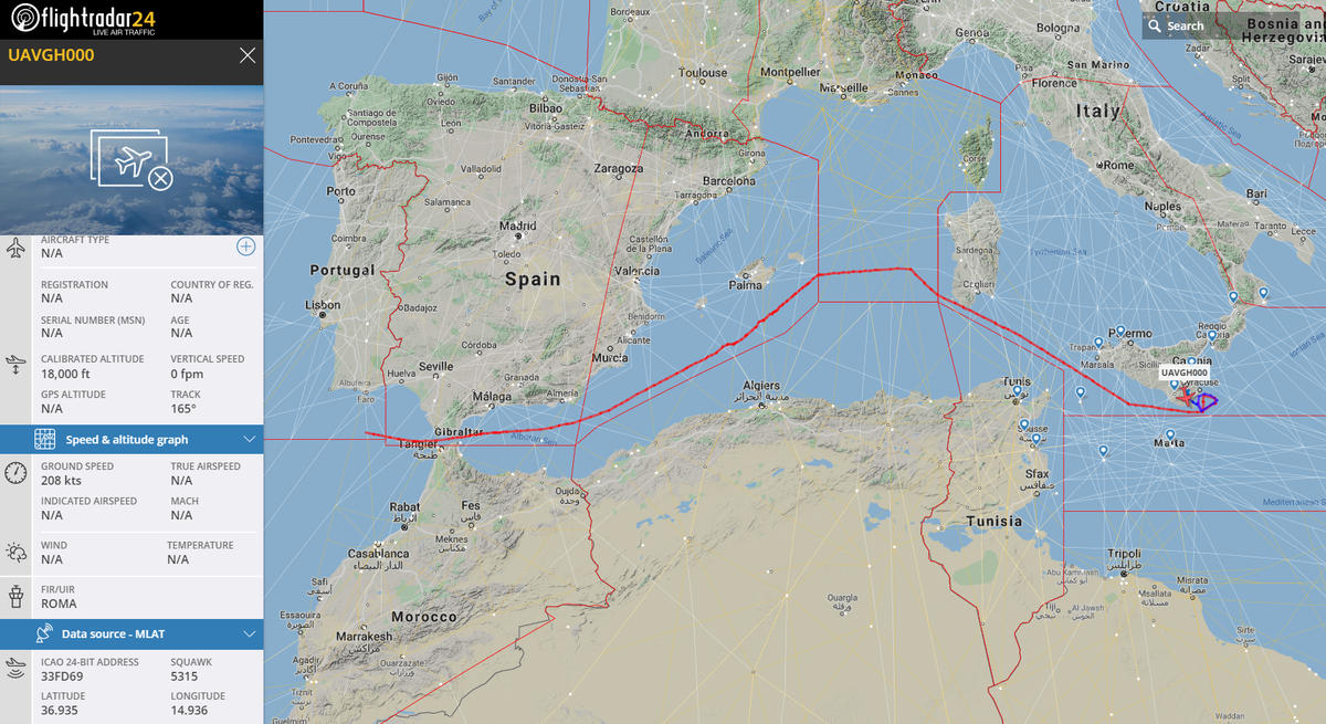 A United States Air Force Global Hawk UAV (mishex 33FD69) tracked flying through the Strog and   circling just south of Sigonella Naval Air Station, Sicily, Italy