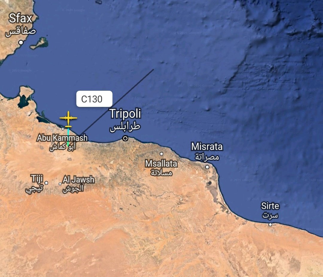Turkish Air Force C-130E Hercules tactical military transport plane is climbing out of al-Watiya air base in Western Libya, en route to Turkey.  This is the 4th direct flight in a row for the TAF military transport planes to al-Watiya AB