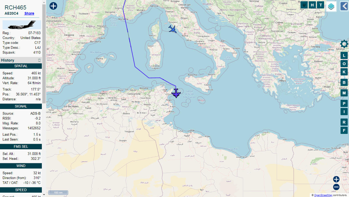 USAF C17 Globemaster III RCH465 from Ramstein heading towards Libya