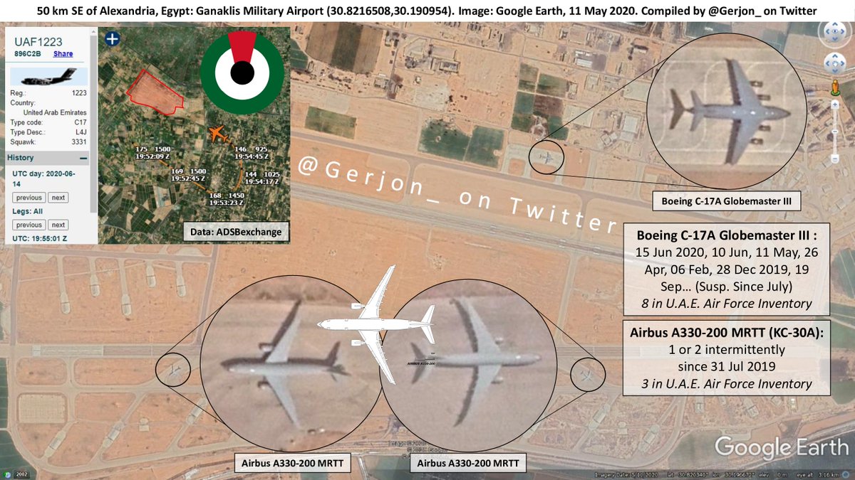 A large grey (i.e. military) jet aircraft was seen at Ganaklis Air Base, Egypt this morning. Proportions clearly no C-17A, more like A330 MRTT.  This *could* mean ALL 3 UAE Air Force tankers were in Egypt this morning.  Other options can certainly not be ruled out