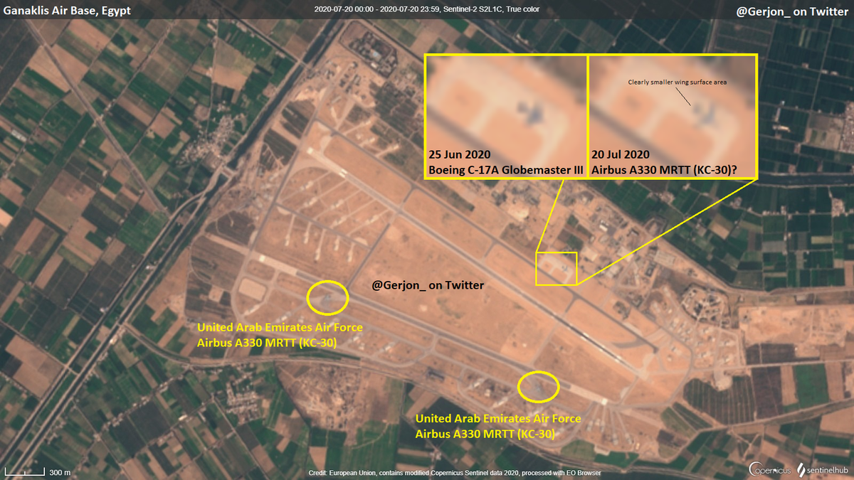 A large grey (i.e. military) jet aircraft was seen at Ganaklis Air Base, Egypt this morning. Proportions clearly no C-17A, more like A330 MRTT.  This *could* mean ALL 3 UAE Air Force tankers were in Egypt this morning.  Other options can certainly not be ruled out