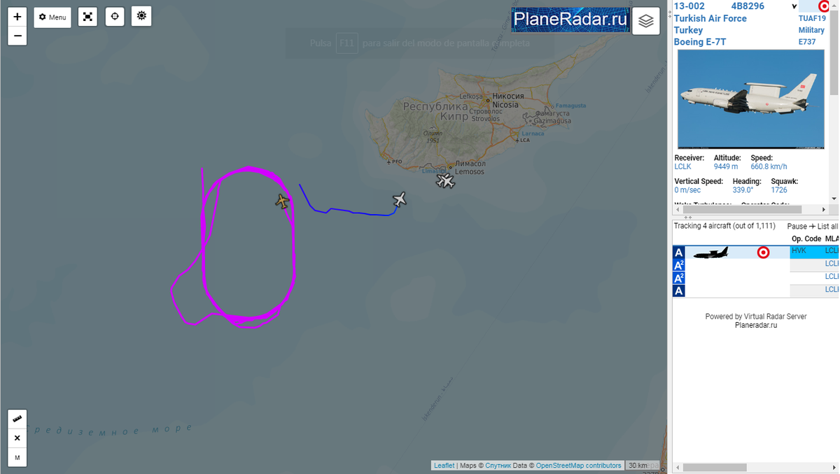 Turkish Air Force E-7T Peace Eagle TUAF19  orbiting near Cyprus