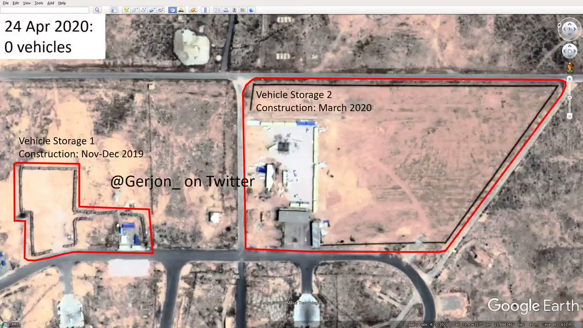 VIDEO:  Sidi Barrani Air Base, visited by Egypt pres. Al-Sisi, seems to be a major UAE-LNA vehicle transport hub. Up to over 300 vehicles on-base at a time.  They seem to continue (to Libya) over land.  Also shown is possible Maximus Il-76 UR-BXQ (Google Earth)
