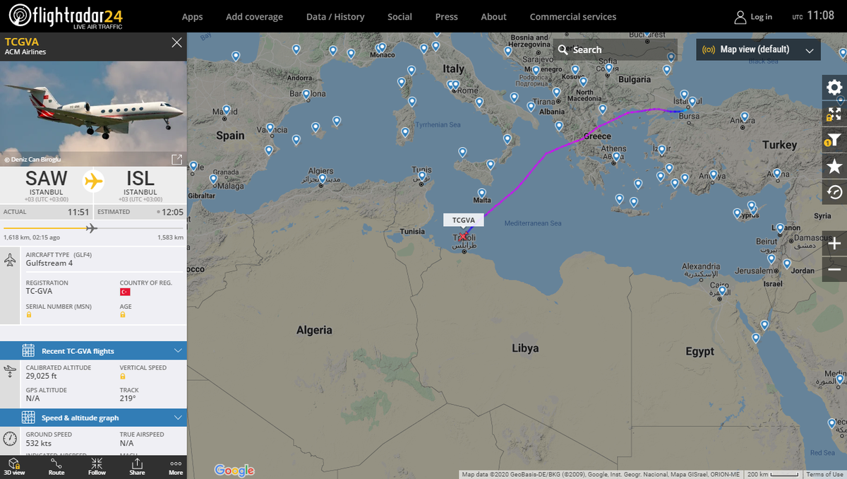 Turkish Government Gulfstream 4 TC-GVA en route to Libya (Al-Watiya Air Base)