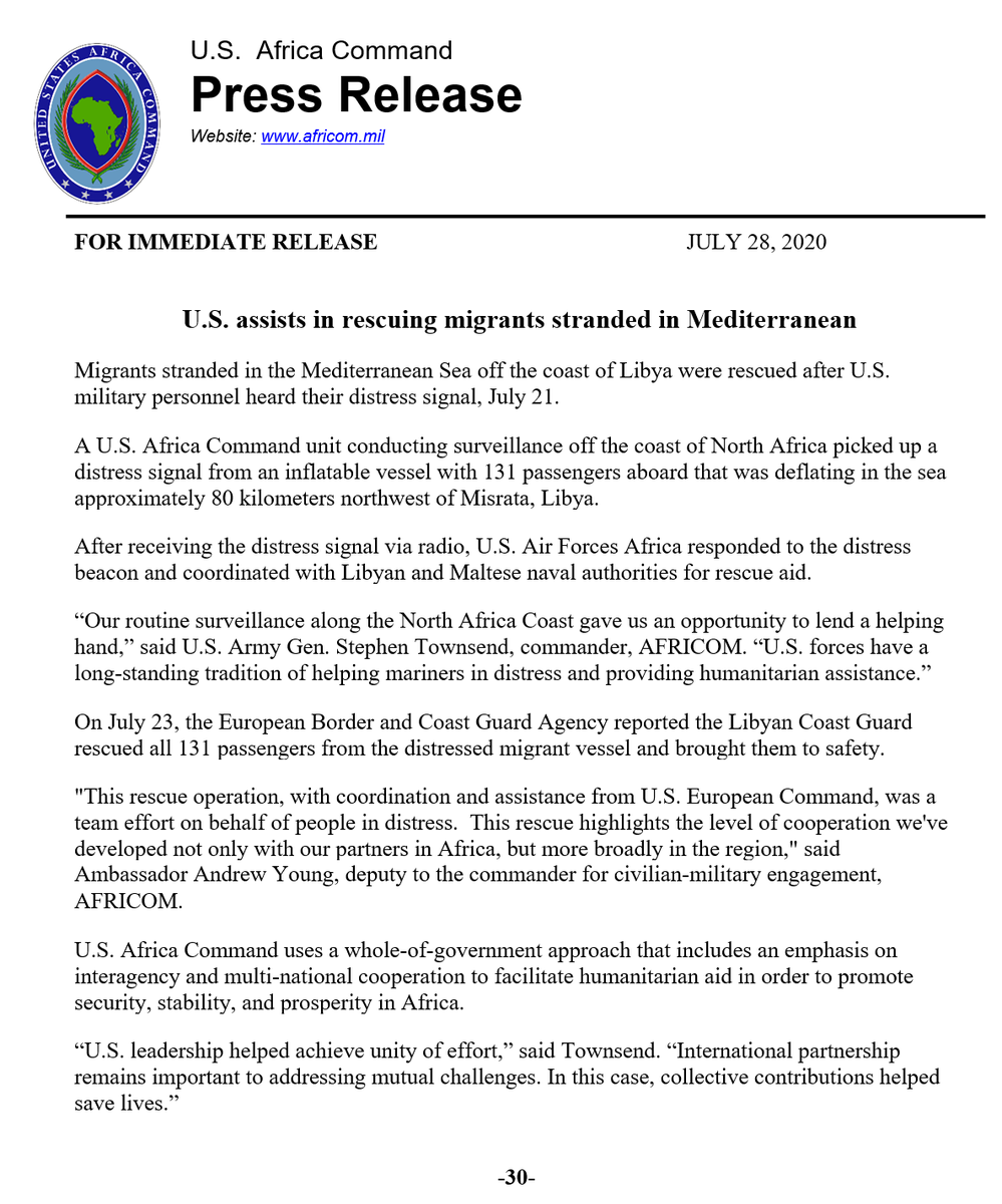U.S. assists in rescuing migrants stranded in Mediterranean - Our routine surveillance along the North Africa Coast gave us an opportunity to lend a helping hand, said U.S. Army Gen. Stephen Townsend, commander, AFRICOM