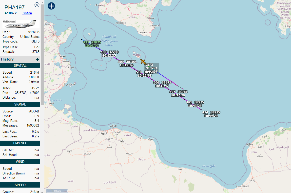 U.S. Government contractor Phoenix Air N197PA was a very busy bird today, visiting Tunis, Tunisia and Benghazi, Libya twice