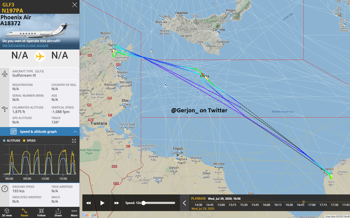 U.S. Government contractor Phoenix Air N197PA was a very busy bird today, visiting Tunis, Tunisia and Benghazi, Libya twice
