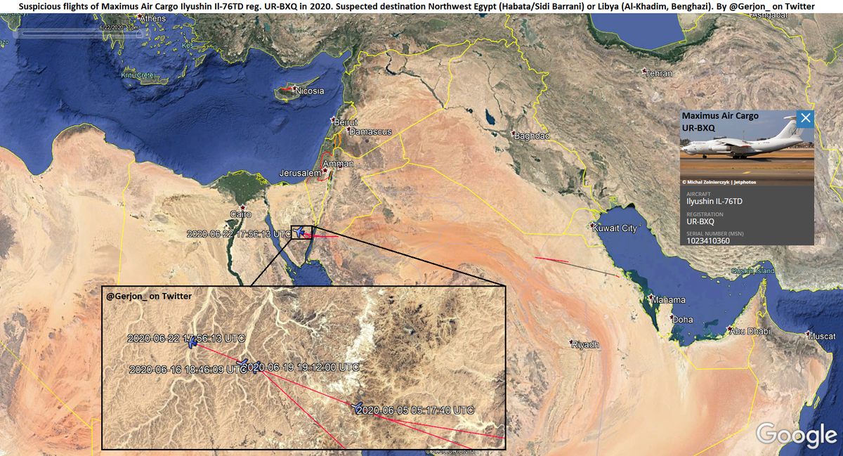 A set of four suspicious flights of UAE-based Maximus Air Cargo Ilyushin Il-76TD UR-BXQ (little sister of gigantic UR-ZYD) on the UAE - Libya Express in June 2020:  05 Jun 2020 MXM3704 16 Jun 2020 MXM3704 19 Jun 2020 MXM3704 22 Jun 2020 MXM3704
