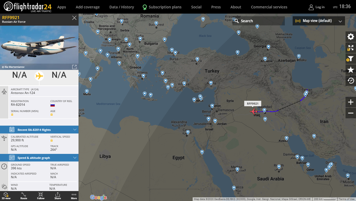 Russian Air Force Antonov An-124 RFF9921 Westbound over Iraq