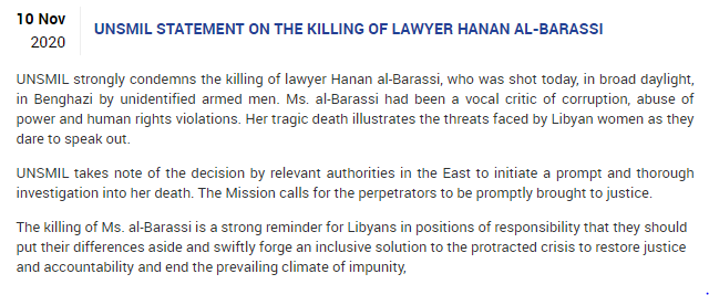 UNSMIL statement on the killing of lawyer Hanan Al-Barassi