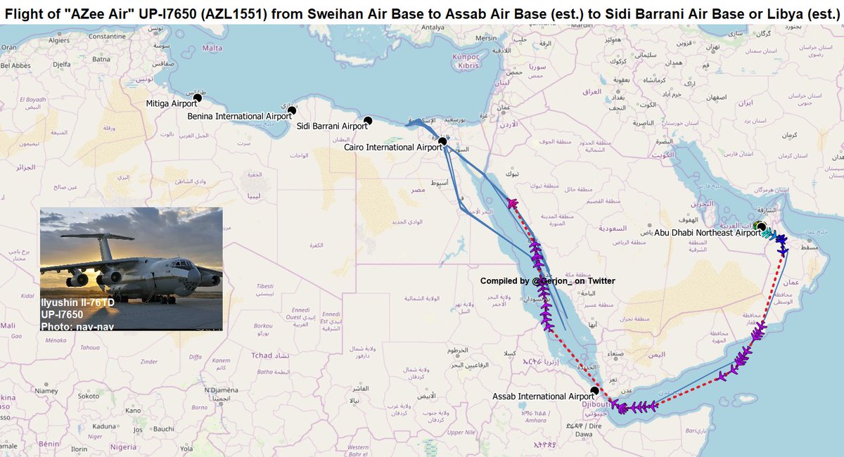 Assab Air Base in Eritrea (used by UAE Air Force), is known for a multiple flights Libya and/or Sidi Barrani in NW Egypt in early 2020. These include C-17A, Il-76 and An-124 flights.  However, today was the first day in 2020 an Il-76 was seen there on Sentinel-2 imagery