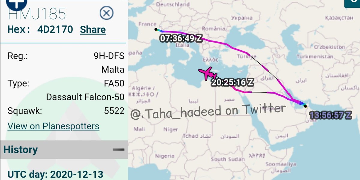 The Falcon50 9H-DFS plane that transported Russian spies from Tripoli to Benghazi was on a flight today, 13 December 2020, from France to the UAE and from there to eastern Libya
