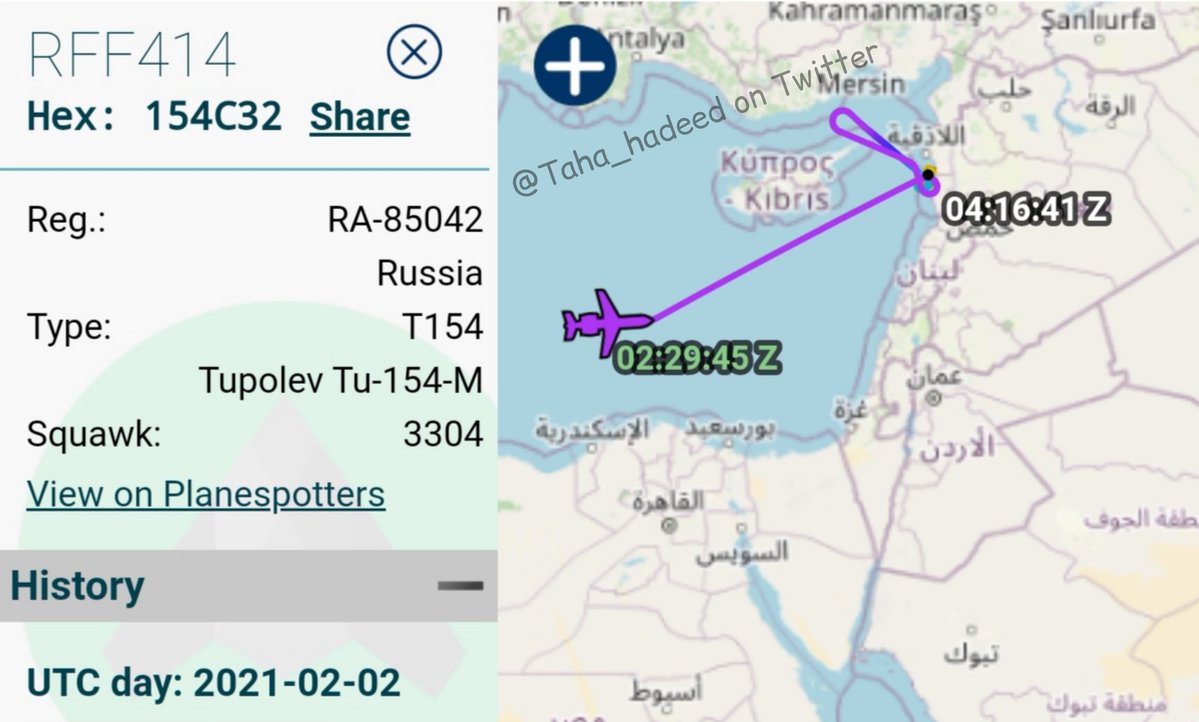 Today 02 February 2021:  The return flight of the Russian Air Force Tupolev Tu-154 RA-85042 from eastern Libya to Latakia in Syria 24 hours after landing at Al-Khadim Air base south of Marj, it appeared on radar near the airspace of Al-Khadim base at 01:33 UTC