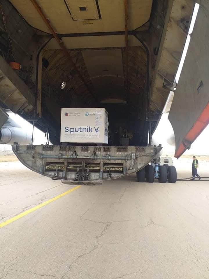 First shipment of 101,000 doses of Russian Sputnik vaccines arriving at Mitiga Airport, Tripoli