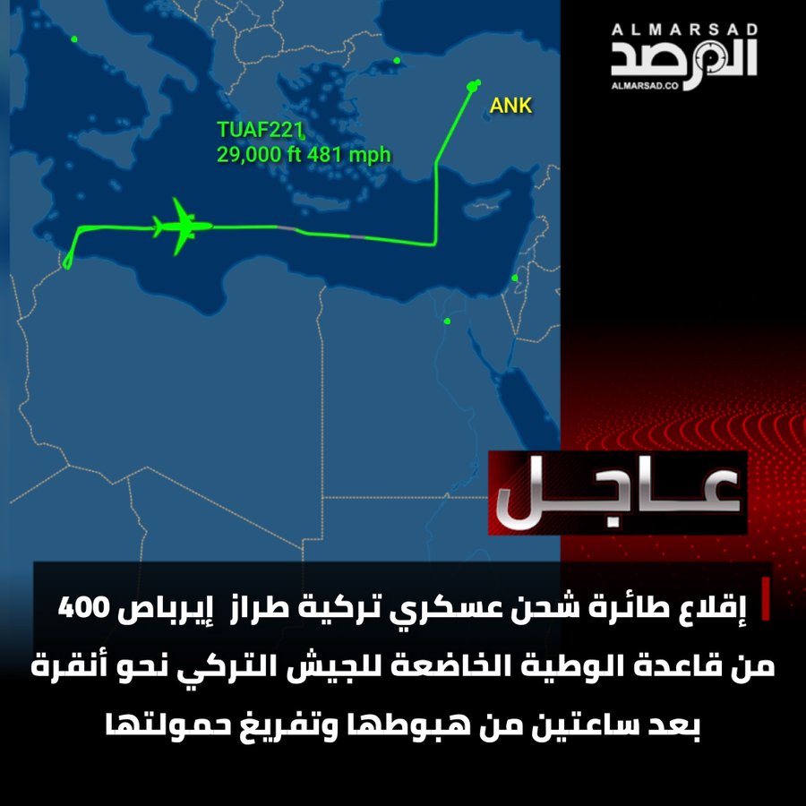 A Turkish military cargo plane, Airbus 400, took off from al-Watiya base, which is controlled by the Turkish army, and is heading to Ankara, two hours after landing and unloading its payload