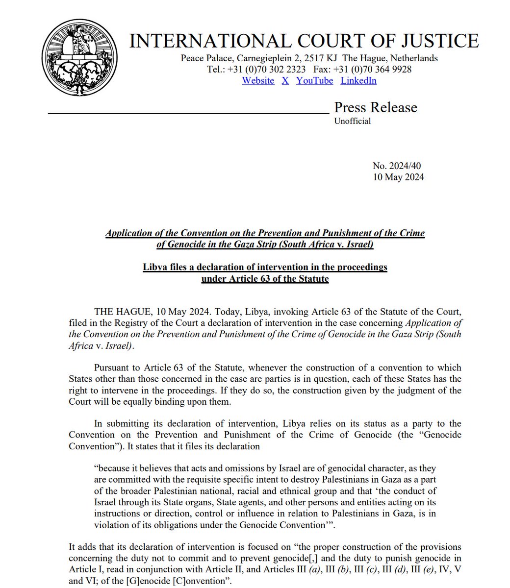 Libya files a declaration of intervention under Article 63 of the ICJ Statute in the case concerning Application of the Convention on the Prevention and Punishment of the Crime of Genocide in the Gaza Strip