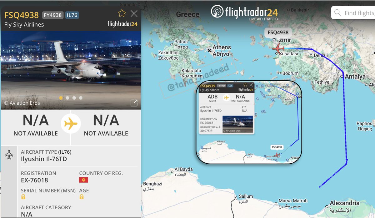 Libya: The Ilyushin IL-76 cargo plane, registration number EX-76018, belonging to Fly Sky Airlines and linked to the UAE Air Force, landed yesterday, September 14, in Izmir, Turkey, for two hours, coming from eastern Libya, and then returned to eastern Libya. This is the third flight for the plane in the last 48 hours.
